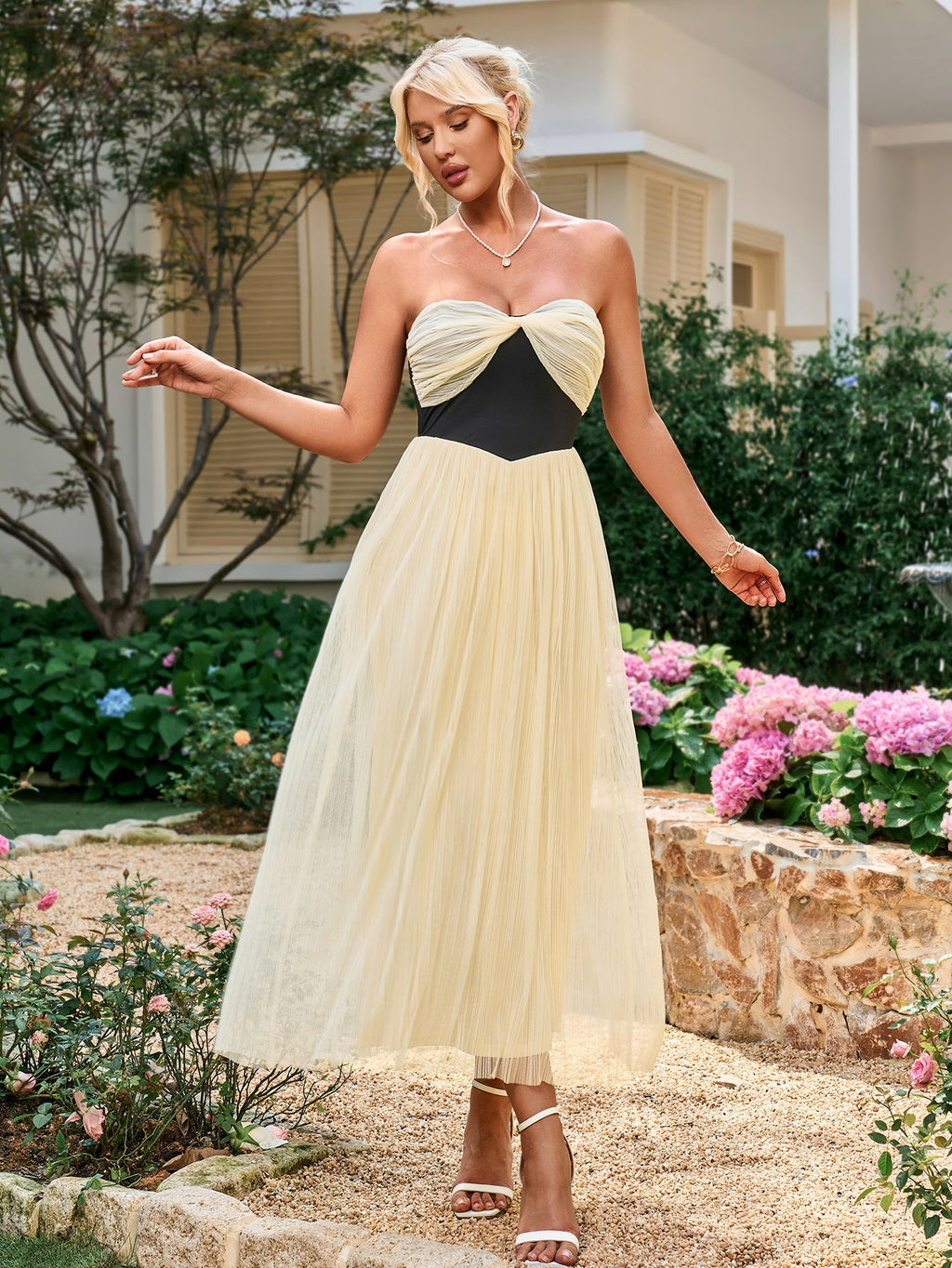 Contrast Ruched Bust Mesh Midi Tube Dress