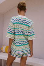 Contrast Striped Knit Cardigan Shorts Set