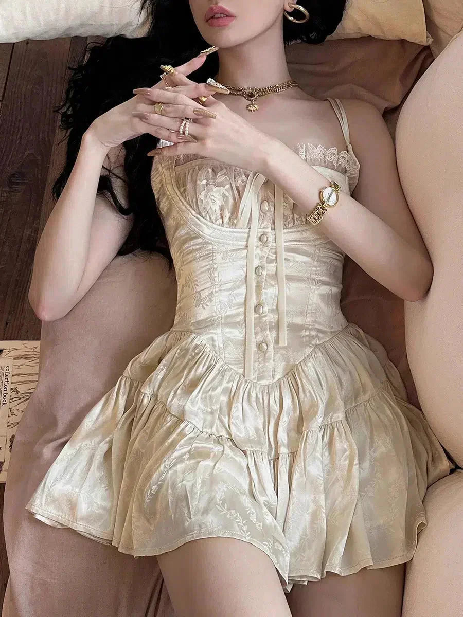 Floral Jacquard Lace Trim Corset Spaghetti Strap Tiered Mini Dress