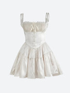 Floral Jacquard Lace Trim Corset Spaghetti Strap Tiered Mini Dress