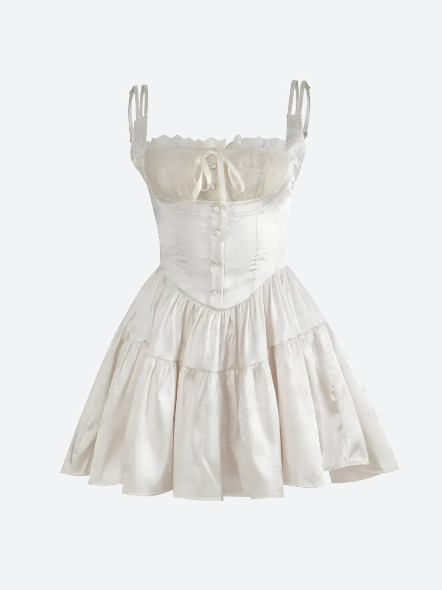 Floral Jacquard Lace Trim Corset Spaghetti Strap Tiered Mini Dress