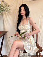 Floral Jacquard Lace Trim Corset Spaghetti Strap Tiered Mini Dress