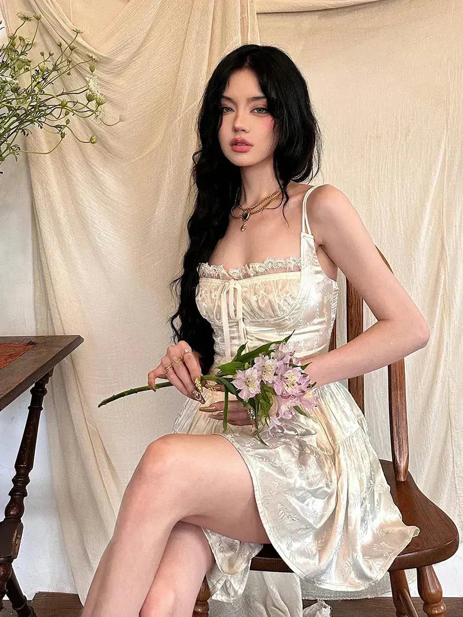 Floral Jacquard Lace Trim Corset Spaghetti Strap Tiered Mini Dress