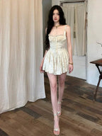 Floral Jacquard Lace Trim Corset Spaghetti Strap Tiered Mini Dress
