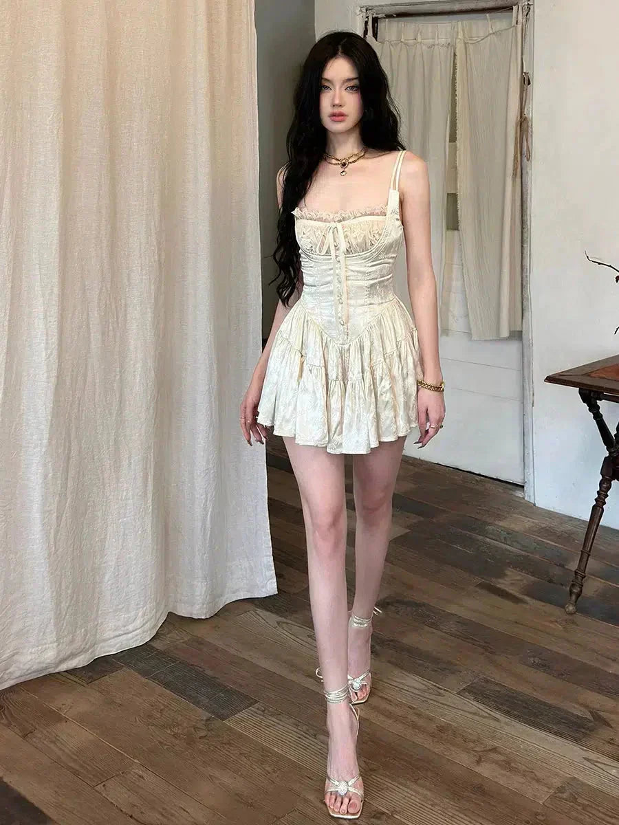 Floral Jacquard Lace Trim Corset Spaghetti Strap Tiered Mini Dress