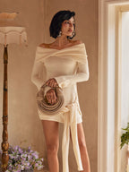 Off Shoulder Rib Knit Bell Sleeve Side Tie Sash Mini Dress
