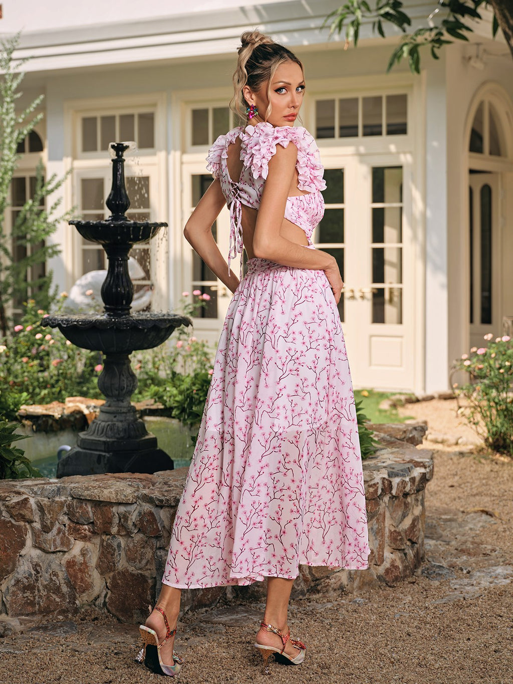 Plunging V-Neck Floral Ruffle Trim Belted Waist Cut Out Maxi Dress