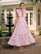 Plunging V-Neck Floral Ruffle Trim Belted Waist Cut Out Maxi Dress