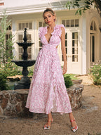 Plunging V-Neck Floral Ruffle Trim Belted Waist Cut Out Maxi Dress