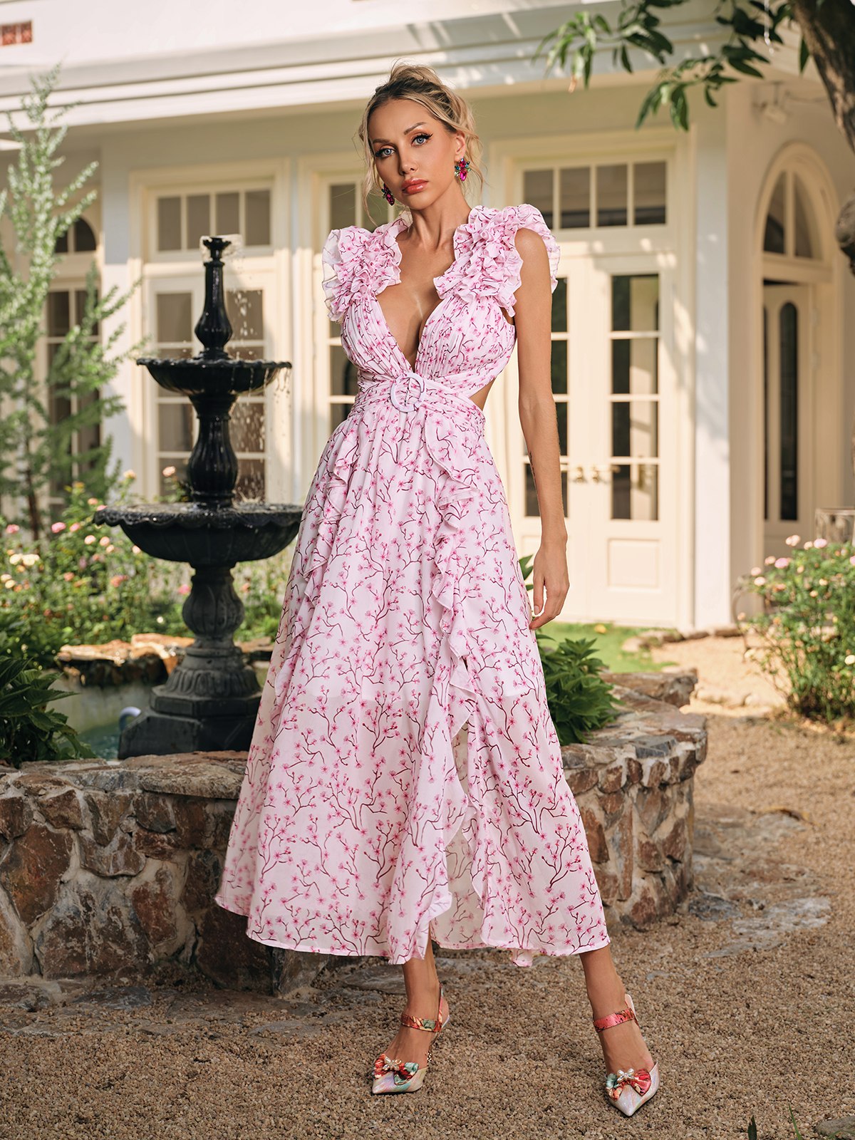 Plunging V-Neck Floral Ruffle Trim Belted Waist Cut Out Maxi Dress
