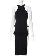 Mock Neck Side Cutout Buckle Strap Qipao Style Midi Dress