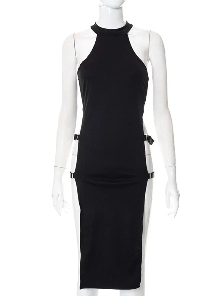 Mock Neck Side Cutout Buckle Strap Qipao Style Midi Dress