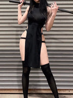Mock Neck Side Cutout Buckle Strap Qipao Style Midi Dress