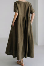 Cotton Linen Crew Neck Loose Midi Dress