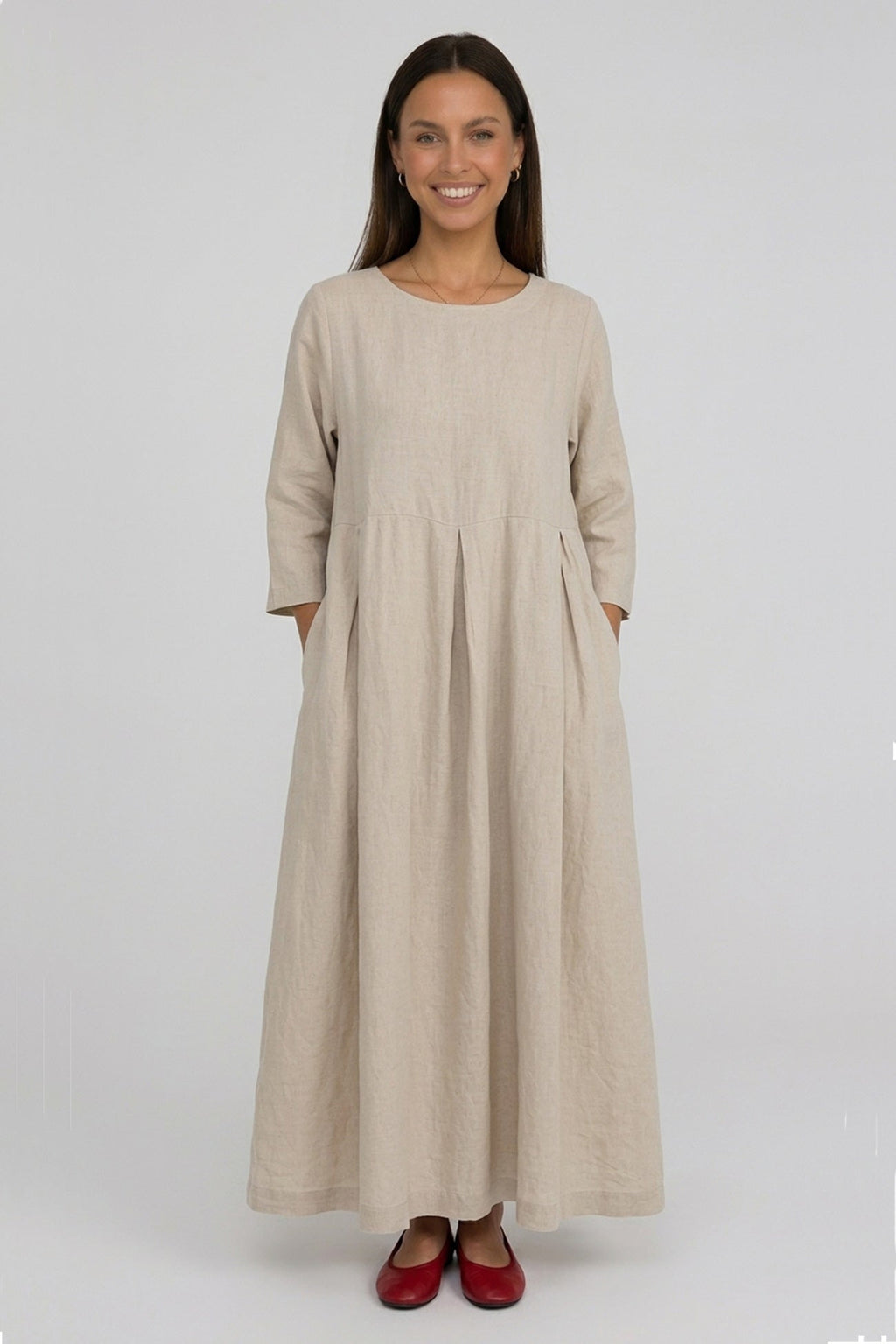 Cotton Linen Long Sleeve Loose Midi Dress