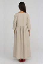 Cotton Linen Long Sleeve Loose Midi Dress