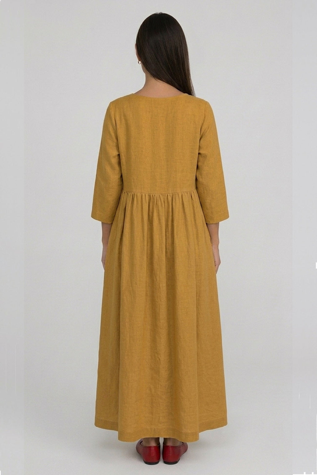 Cotton Linen Long Sleeve Loose Midi Dress