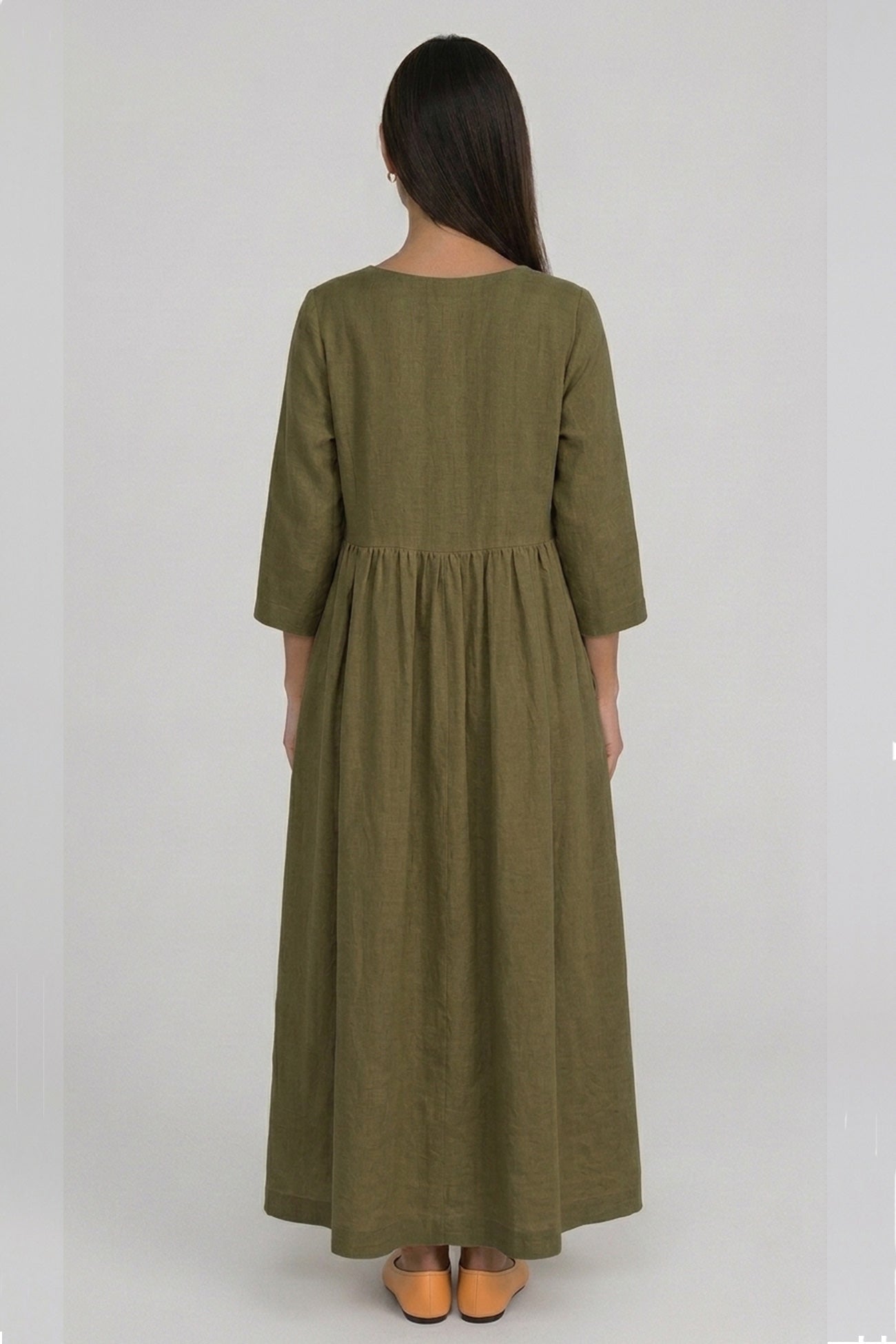 Cotton Linen Long Sleeve Loose Midi Dress