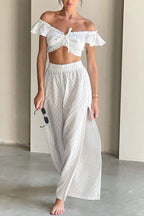 Cotton Ruffle Sleeve Slit Pants Suits