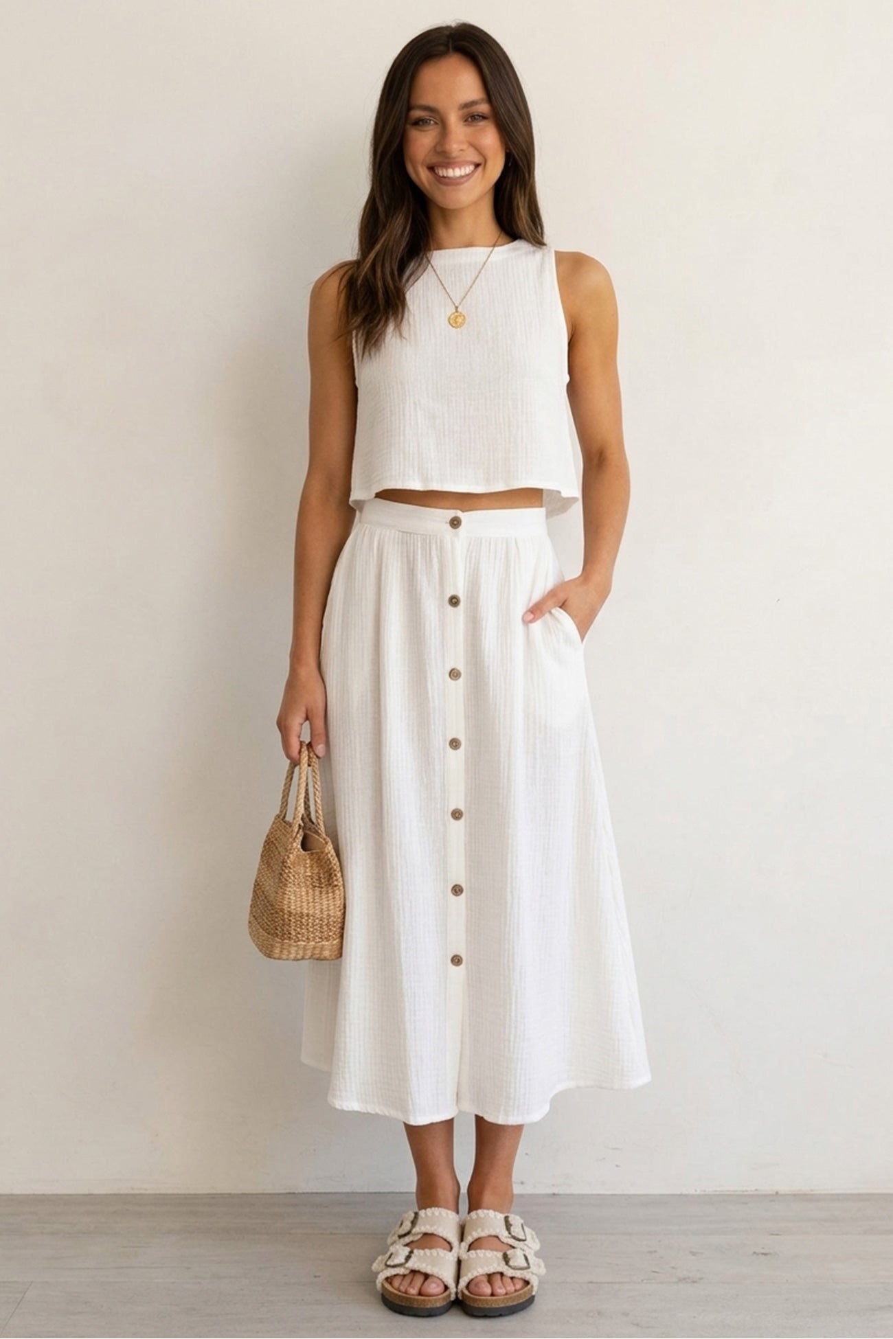 Cotton Tank Top Single-breasted Skirt Suits