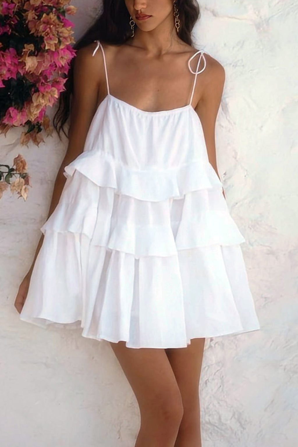 Tie Shoulder Spaghetti Strap Tiered Ruffle Babydoll Mini Dress