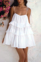 Tie Shoulder Spaghetti Strap Tiered Ruffle Babydoll Mini Dress