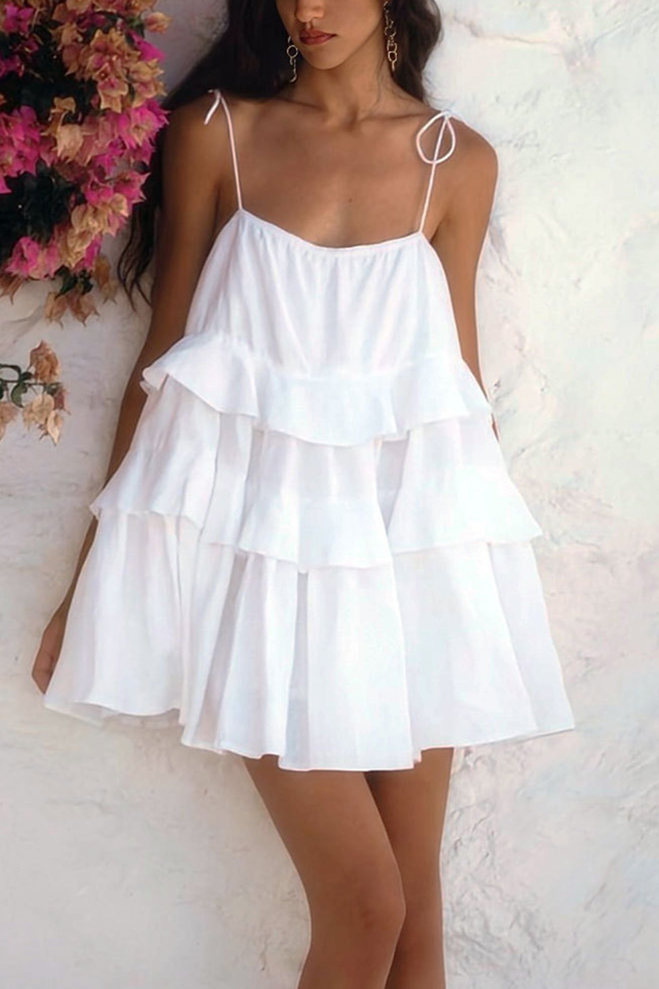 Tie Shoulder Spaghetti Strap Tiered Ruffle Babydoll Mini Dress