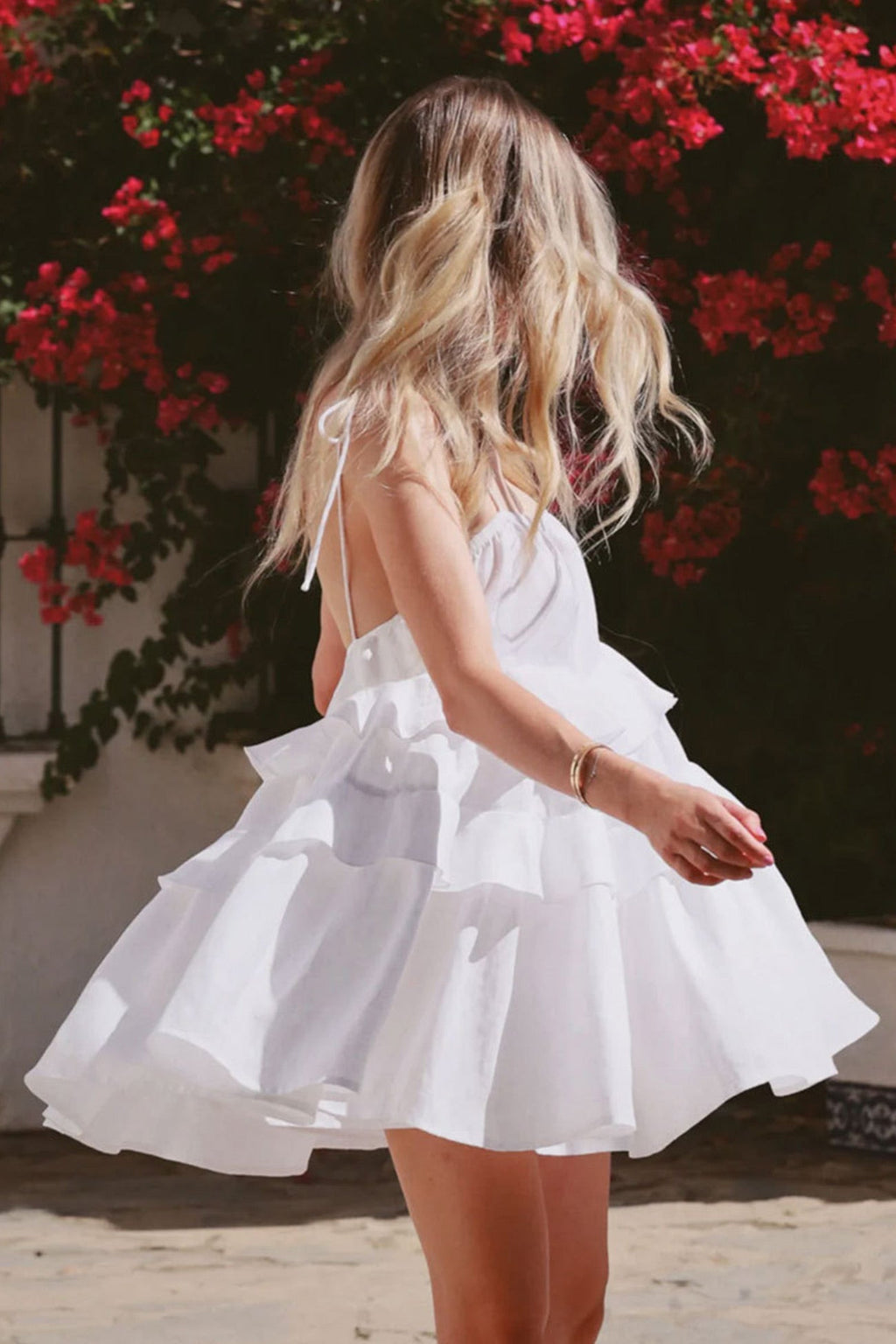 Tie Shoulder Spaghetti Strap Tiered Ruffle Babydoll Mini Dress