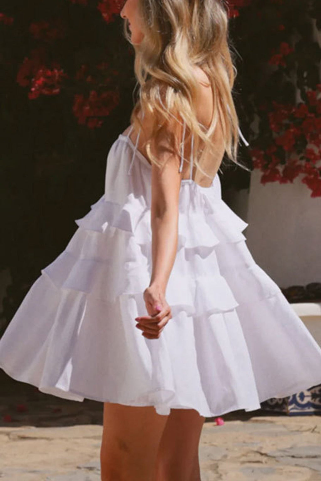 Tie Shoulder Spaghetti Strap Tiered Ruffle Babydoll Mini Dress