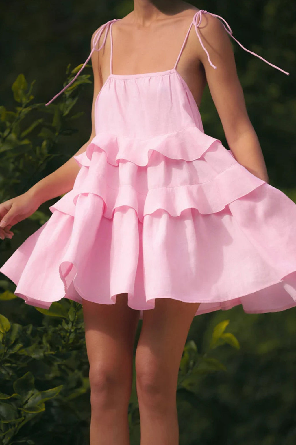 Tie Shoulder Spaghetti Strap Tiered Ruffle Babydoll Mini Dress