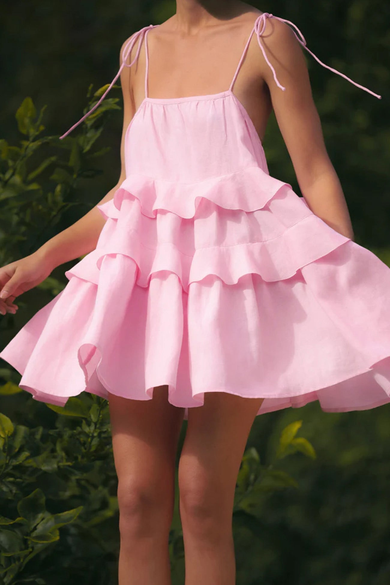 Tie Shoulder Spaghetti Strap Tiered Ruffle Babydoll Mini Dress