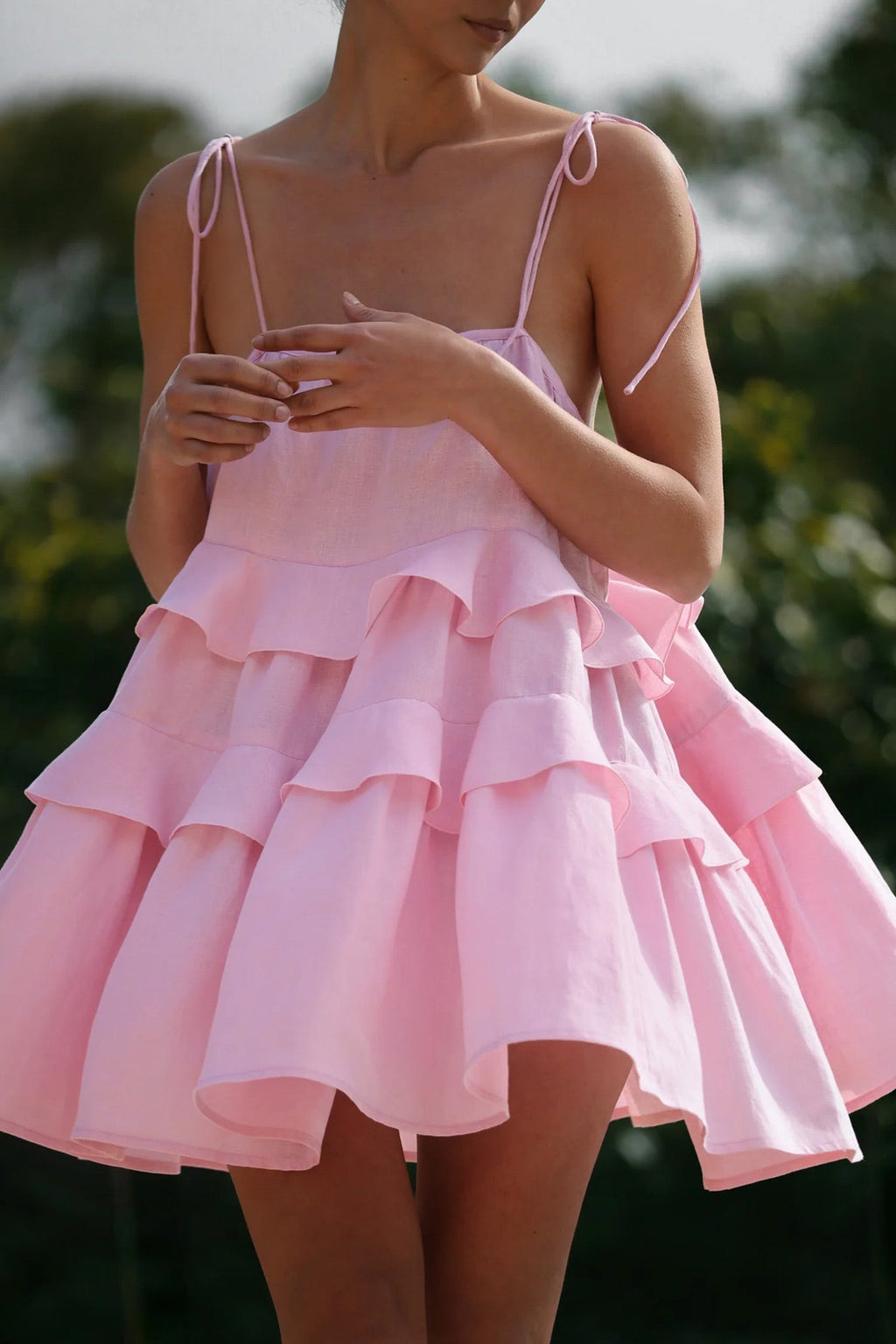Tie Shoulder Spaghetti Strap Tiered Ruffle Babydoll Mini Dress