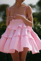 Tie Shoulder Spaghetti Strap Tiered Ruffle Babydoll Mini Dress