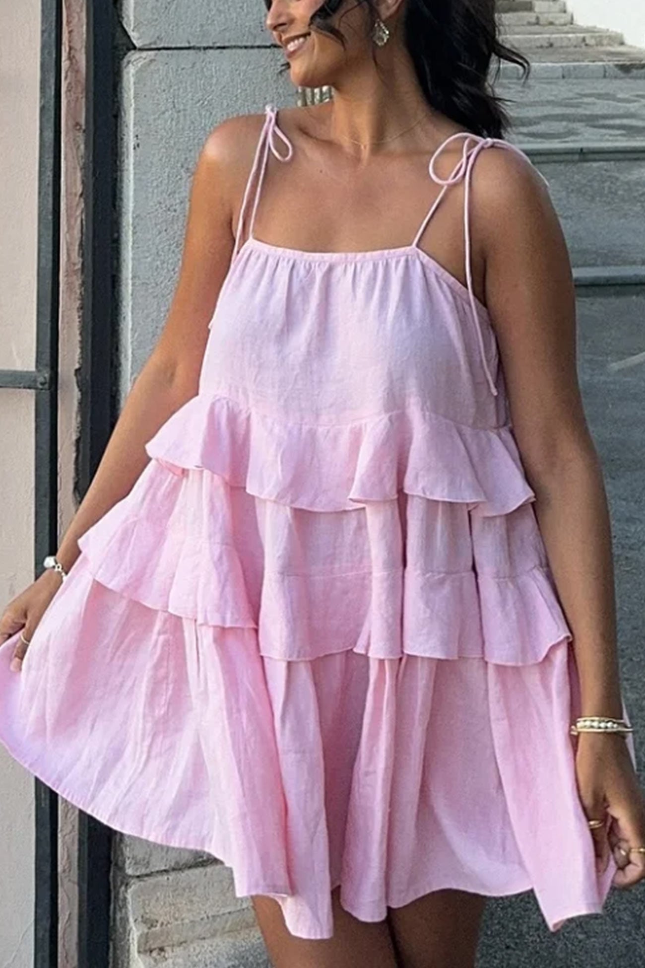 Tie Shoulder Spaghetti Strap Tiered Ruffle Babydoll Mini Dress