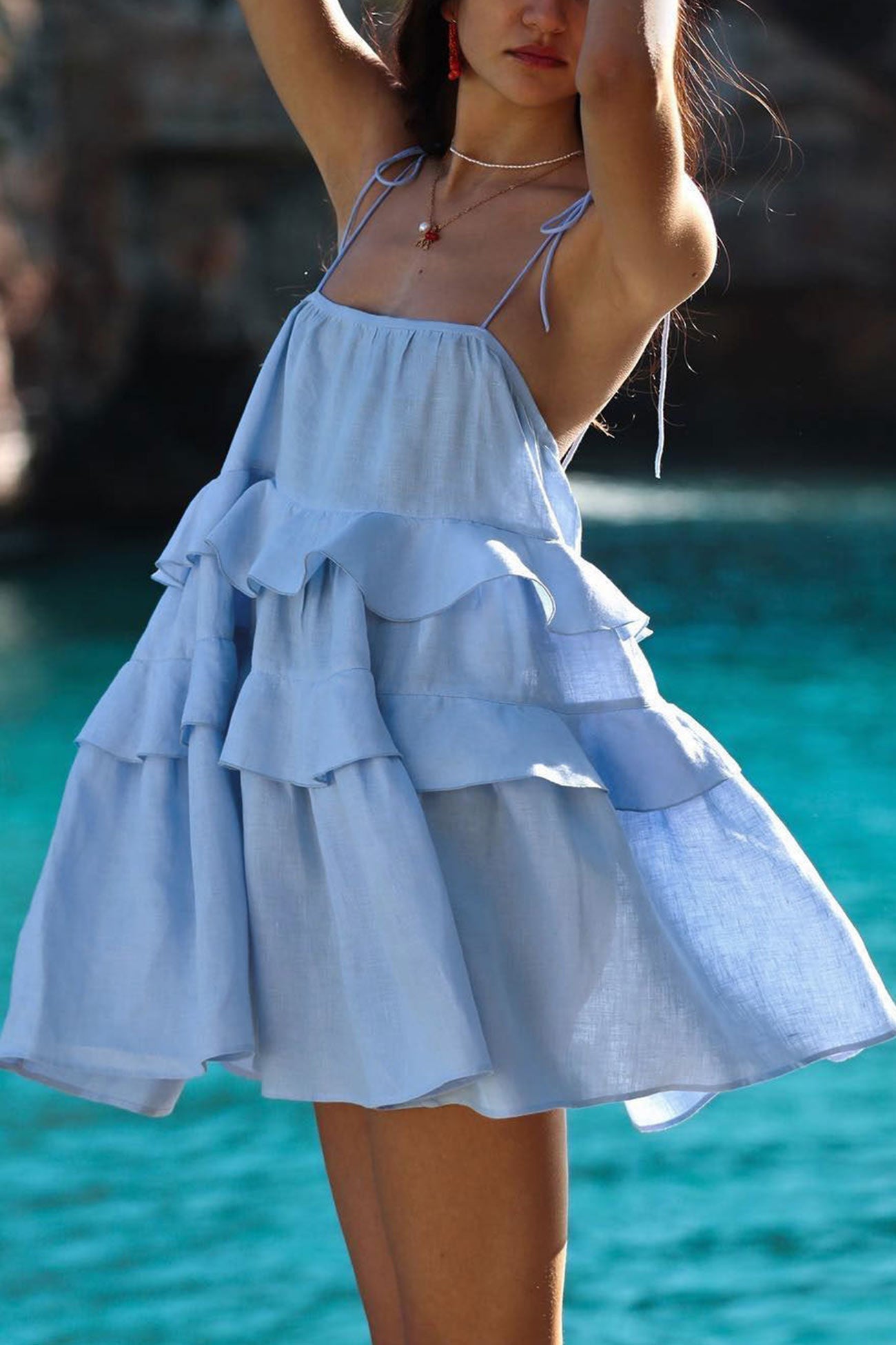 Tie Shoulder Spaghetti Strap Tiered Ruffle Babydoll Mini Dress