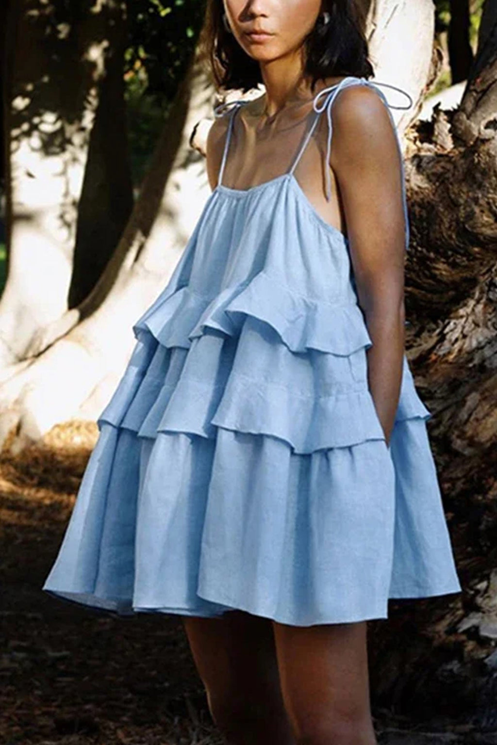 Tie Shoulder Spaghetti Strap Tiered Ruffle Babydoll Mini Dress