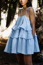Tie Shoulder Spaghetti Strap Tiered Ruffle Babydoll Mini Dress
