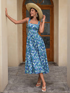 Crisscross Tie Back With Pockets Floral Print Long Dress