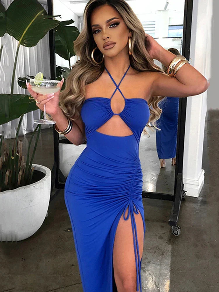 Halter Neck Keyhole Cut Out Ruched Tie Slit Bodycon Midi Dress
