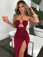 Halter Neck Keyhole Cut Out Ruched Tie Slit Bodycon Midi Dress