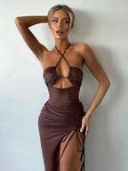 Halter Neck Keyhole Cut Out Ruched Tie Slit Bodycon Midi Dress