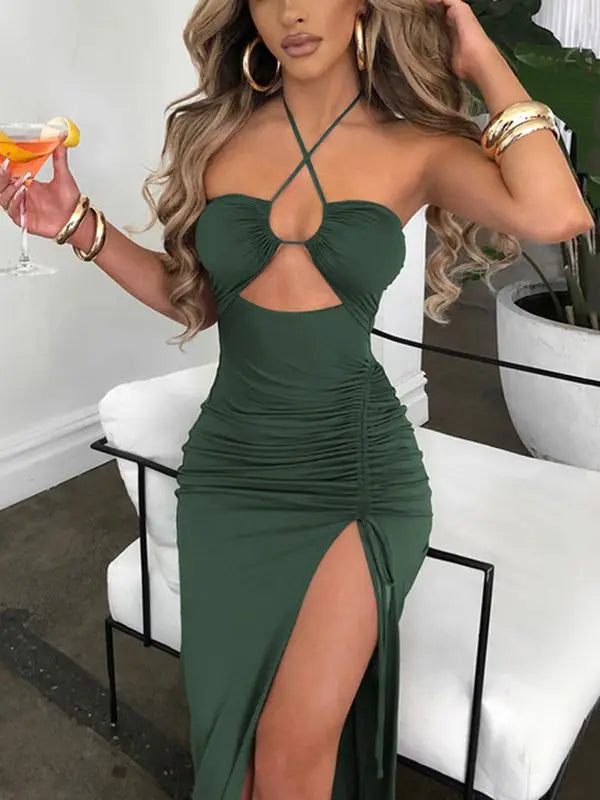 Halter Neck Keyhole Cut Out Ruched Tie Slit Bodycon Midi Dress