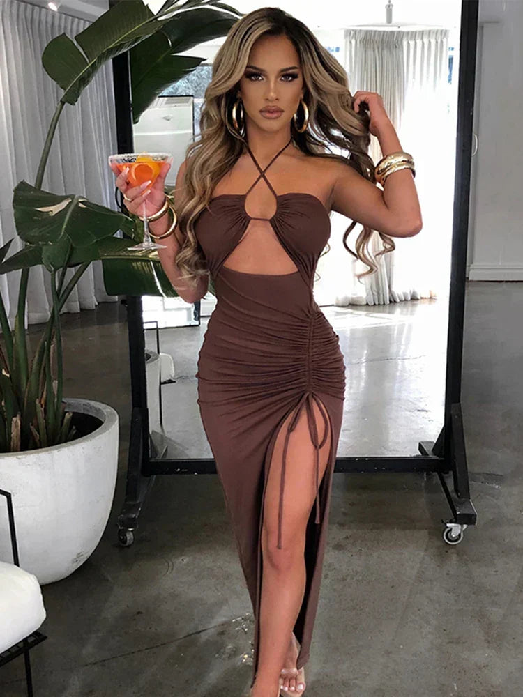 Halter Neck Keyhole Cut Out Ruched Tie Slit Bodycon Midi Dress