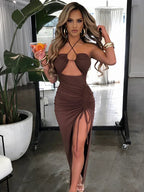 Halter Neck Keyhole Cut Out Ruched Tie Slit Bodycon Midi Dress