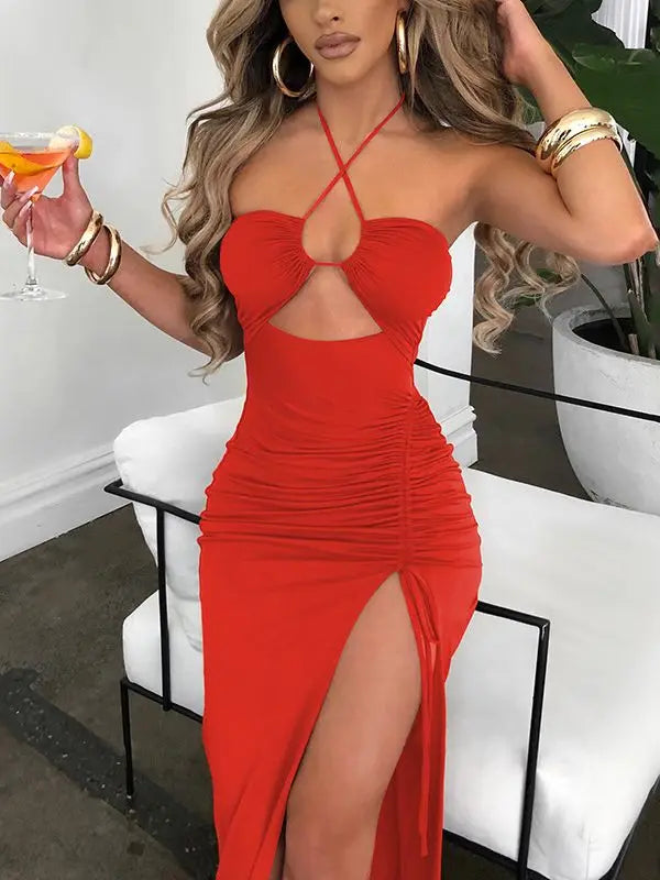 Halter Neck Keyhole Cut Out Ruched Tie Slit Bodycon Midi Dress