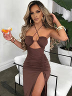 Halter Neck Keyhole Cut Out Ruched Tie Slit Bodycon Midi Dress