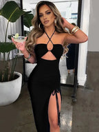 Halter Neck Keyhole Cut Out Ruched Tie Slit Bodycon Midi Dress