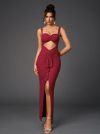 Cut Out Flounce Trim Ruched Glitter Mesh Dress
