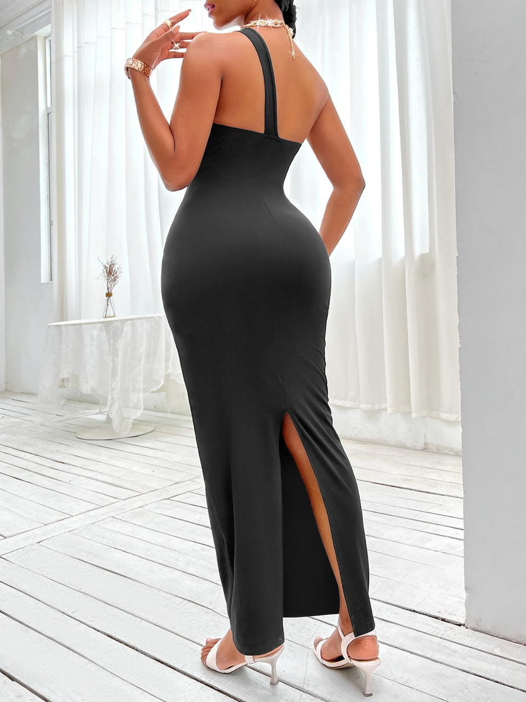 Blue Zone Planet | Cutout One-Shoulder Slit Maxi Dress