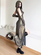 Cyberpunk Metallic Hooded Midi Dress